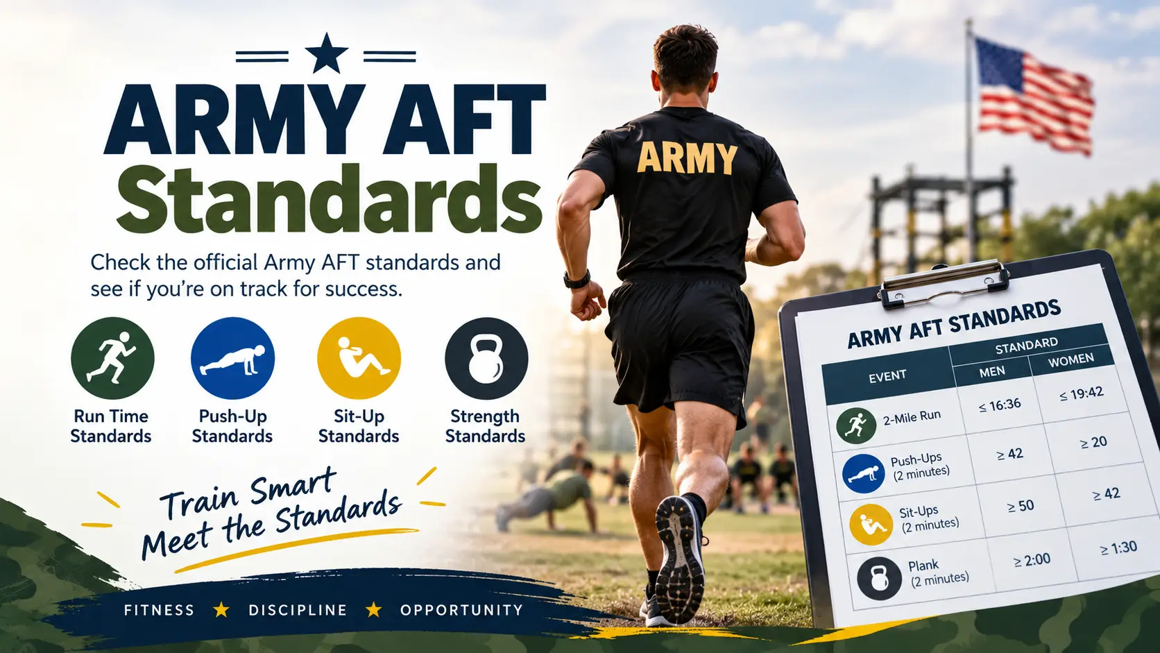 Army AFT standards chart showing AFT score chart and physical fitness test events